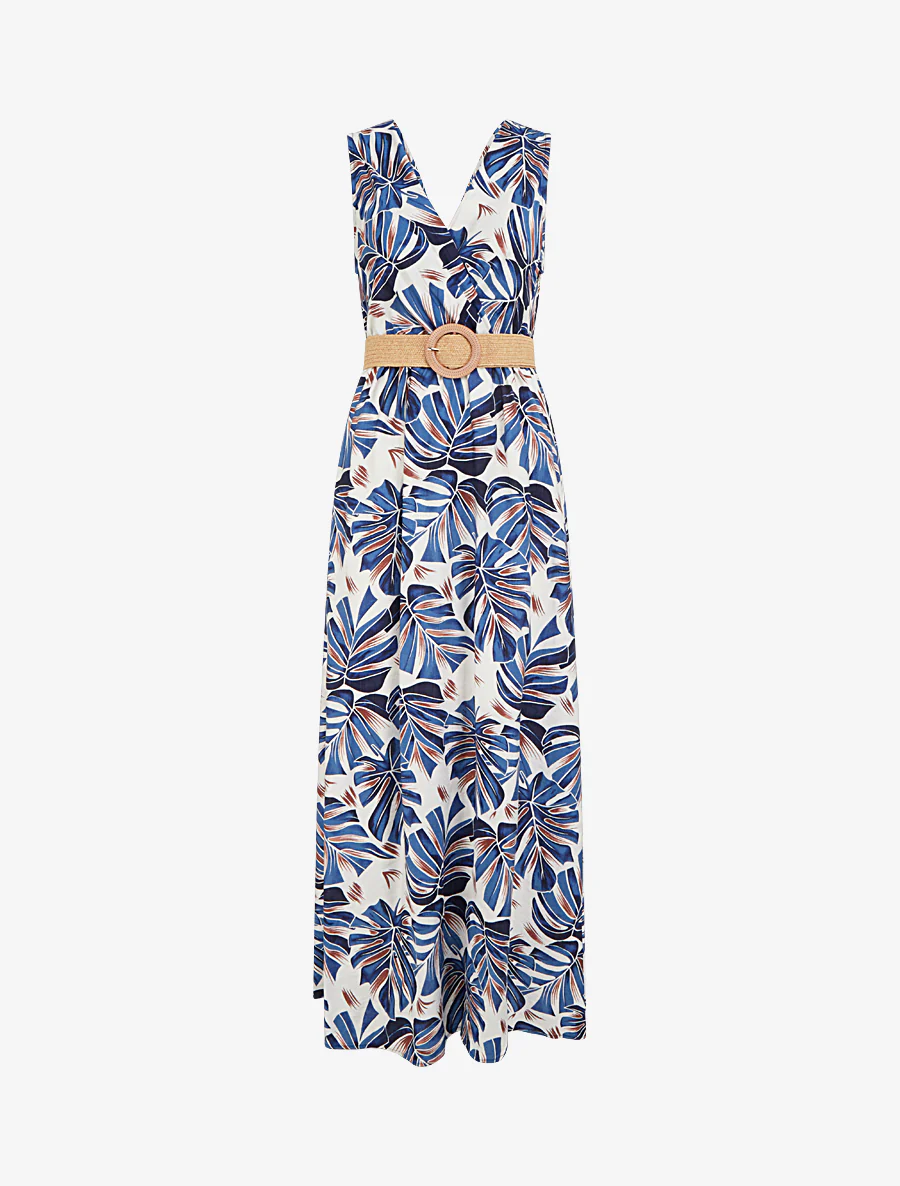 Mouwloze lange uitlopende jurk met tropische print - Blauw