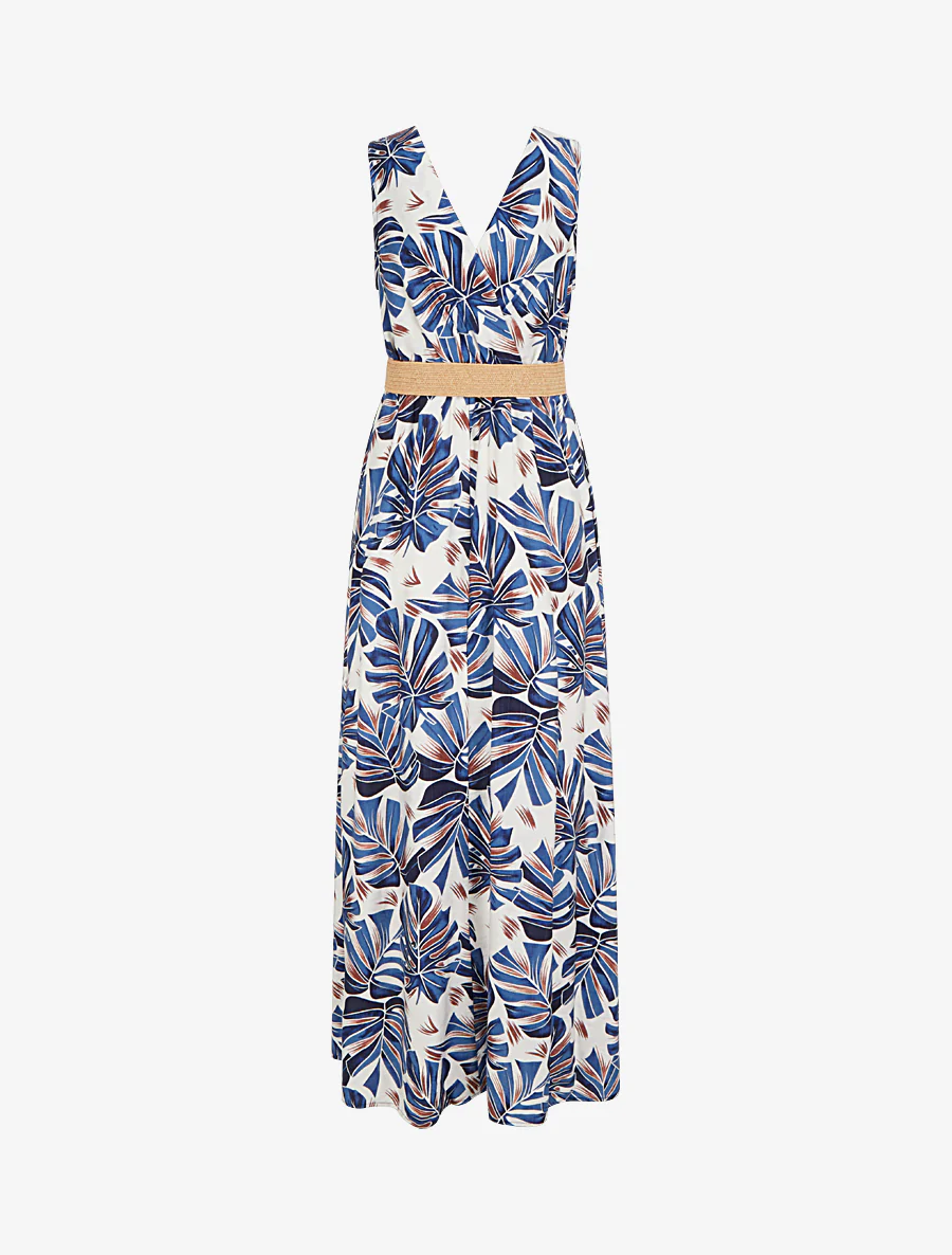 Mouwloze lange uitlopende jurk met tropische print - Blauw - Image 2