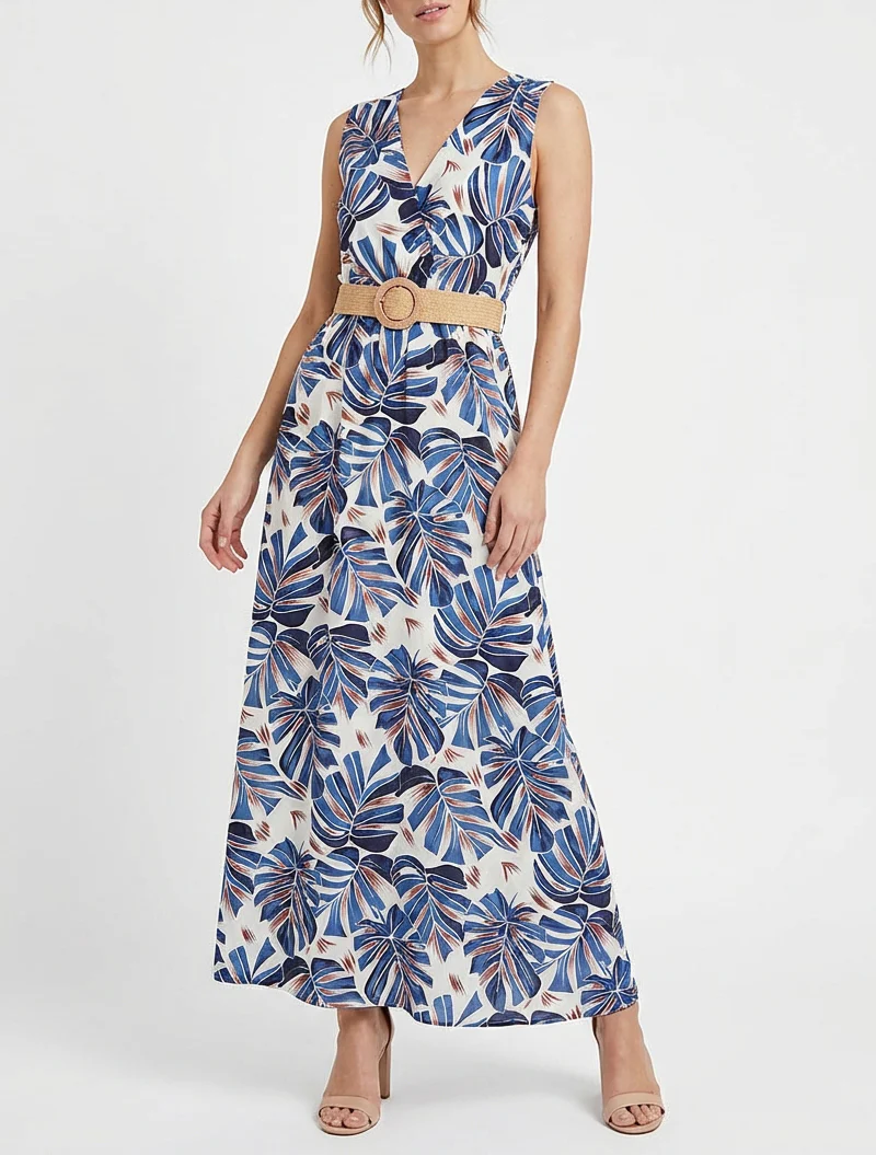 Mouwloze lange uitlopende jurk met tropische print - Blauw - Image 4