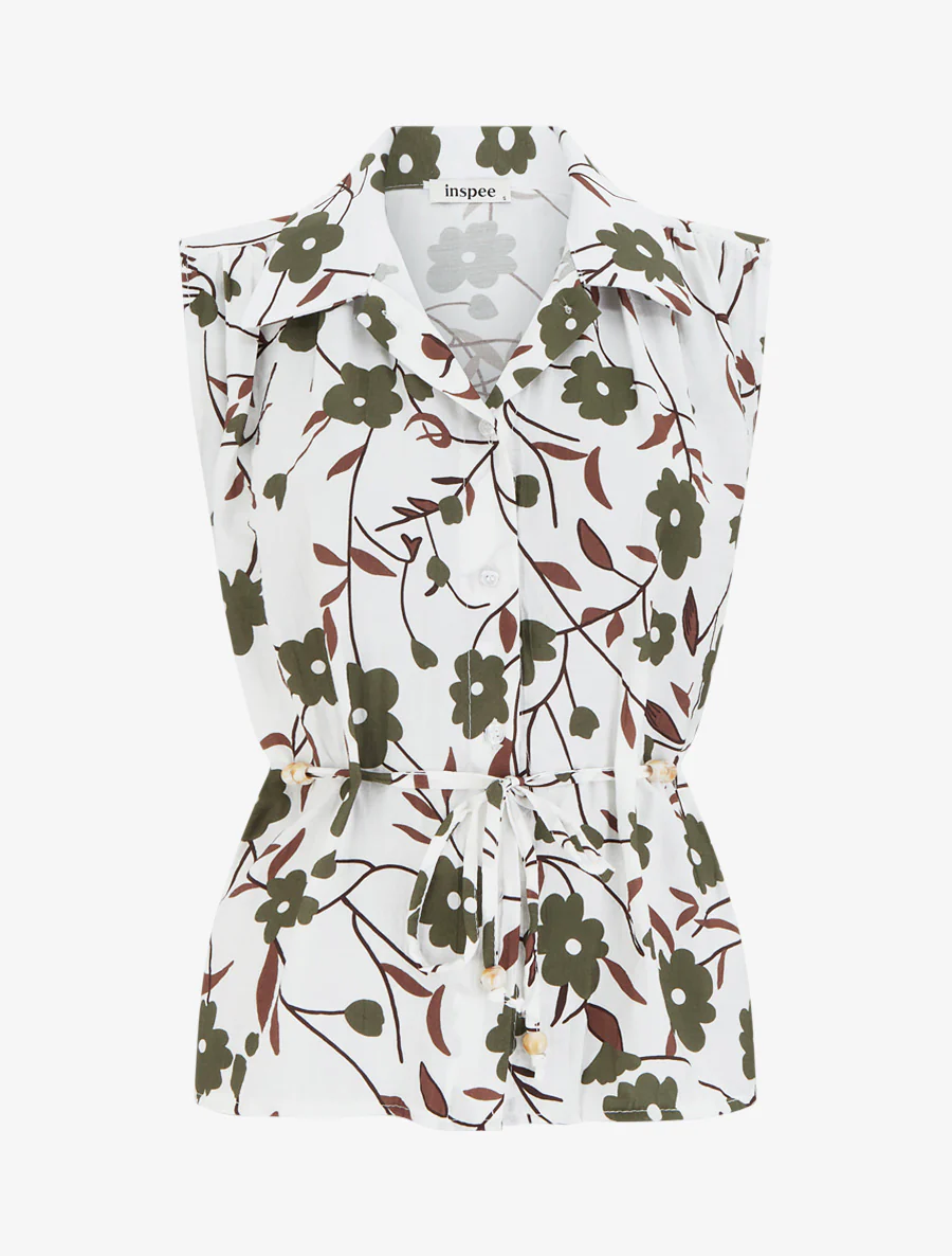 Mouwloze top met bloemendessin - Kaki