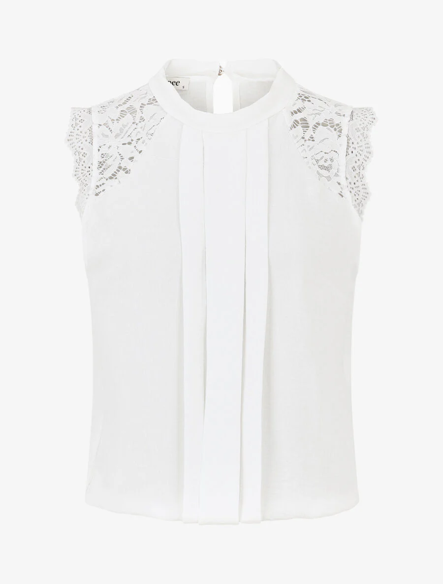 Mouwloze top met kant en geplooid detail - Wit