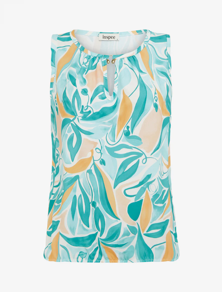 Mouwloze top met plantenprint - Watergroen