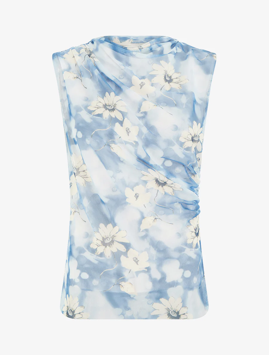 Mouwloze top van tule met bloemen. - Blauw