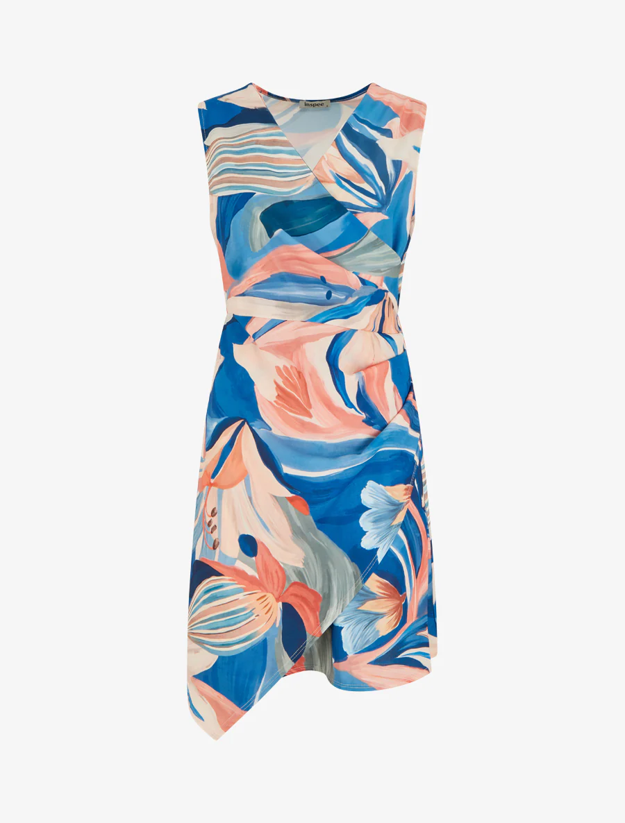 Mouwloze wikkeljurk met leliebloemenprint. - Donkerblauw