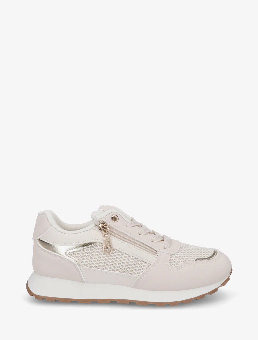 Nep leren sneakers en iriserende stof met ritssluiting - Beige