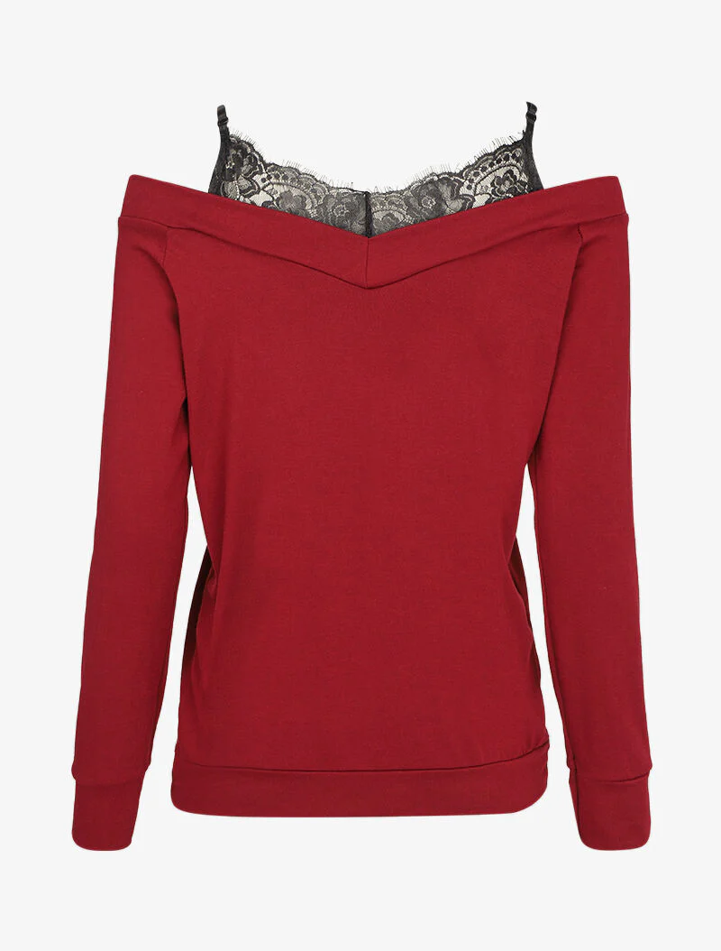 Top met blote schouders en kanten tanktop in trompe l'oeil - Bordeaux - Image 2