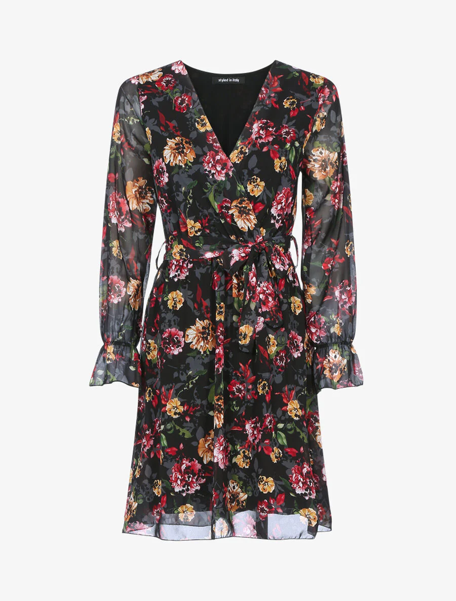 Omslagjurk met bloemenprint - Zwart