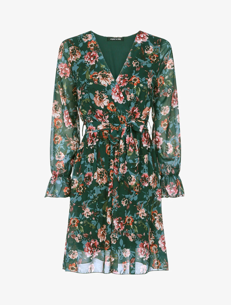 Omslagjurk met bloemenprint - Donkergroen