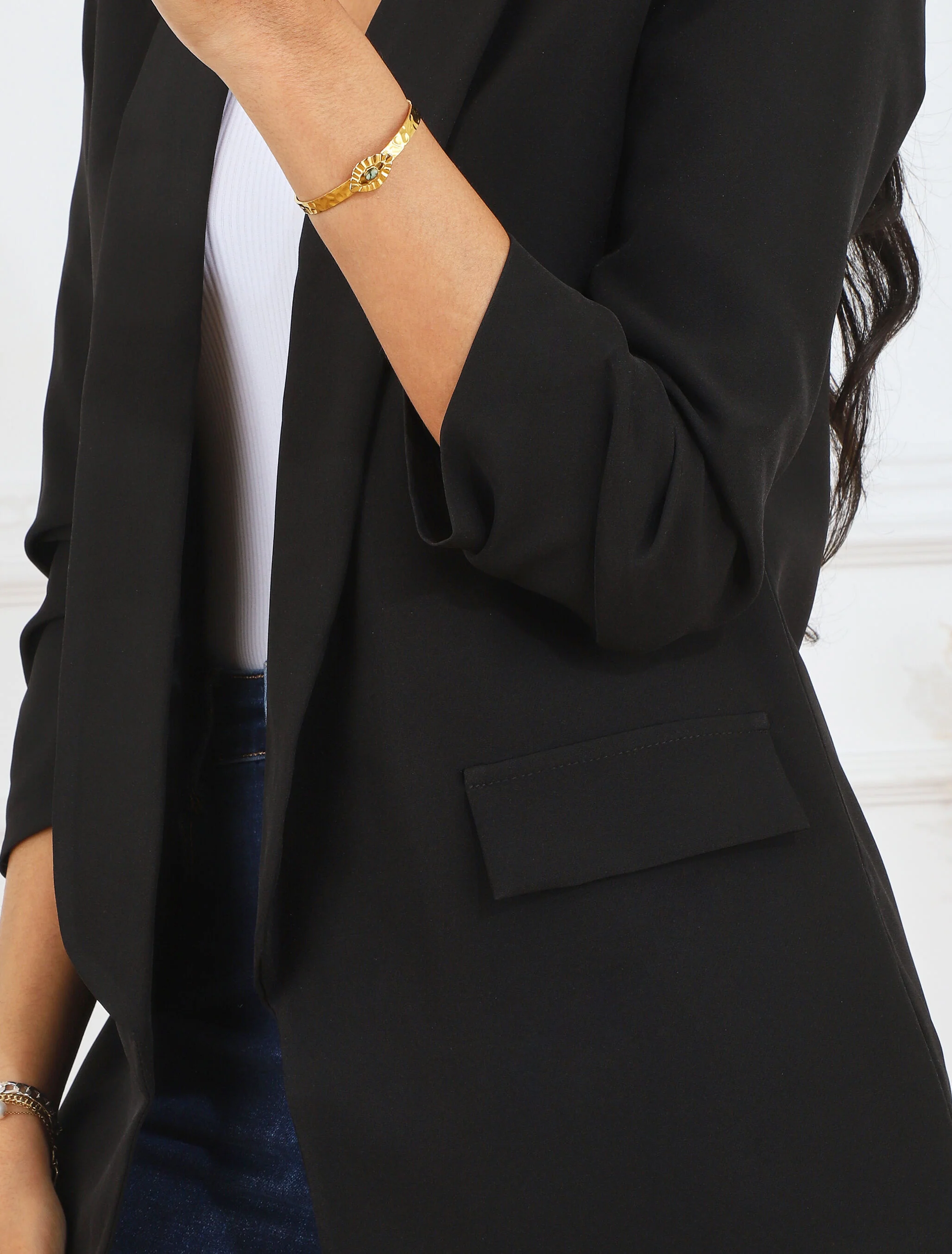 Open blazer met gepleisterde mouwen - Zwart - Image 6