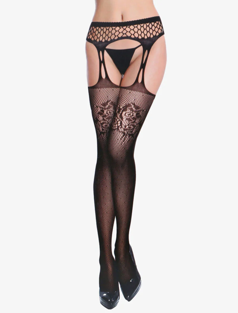 Opengewerkte panty's met stippen en grafische details - zwart