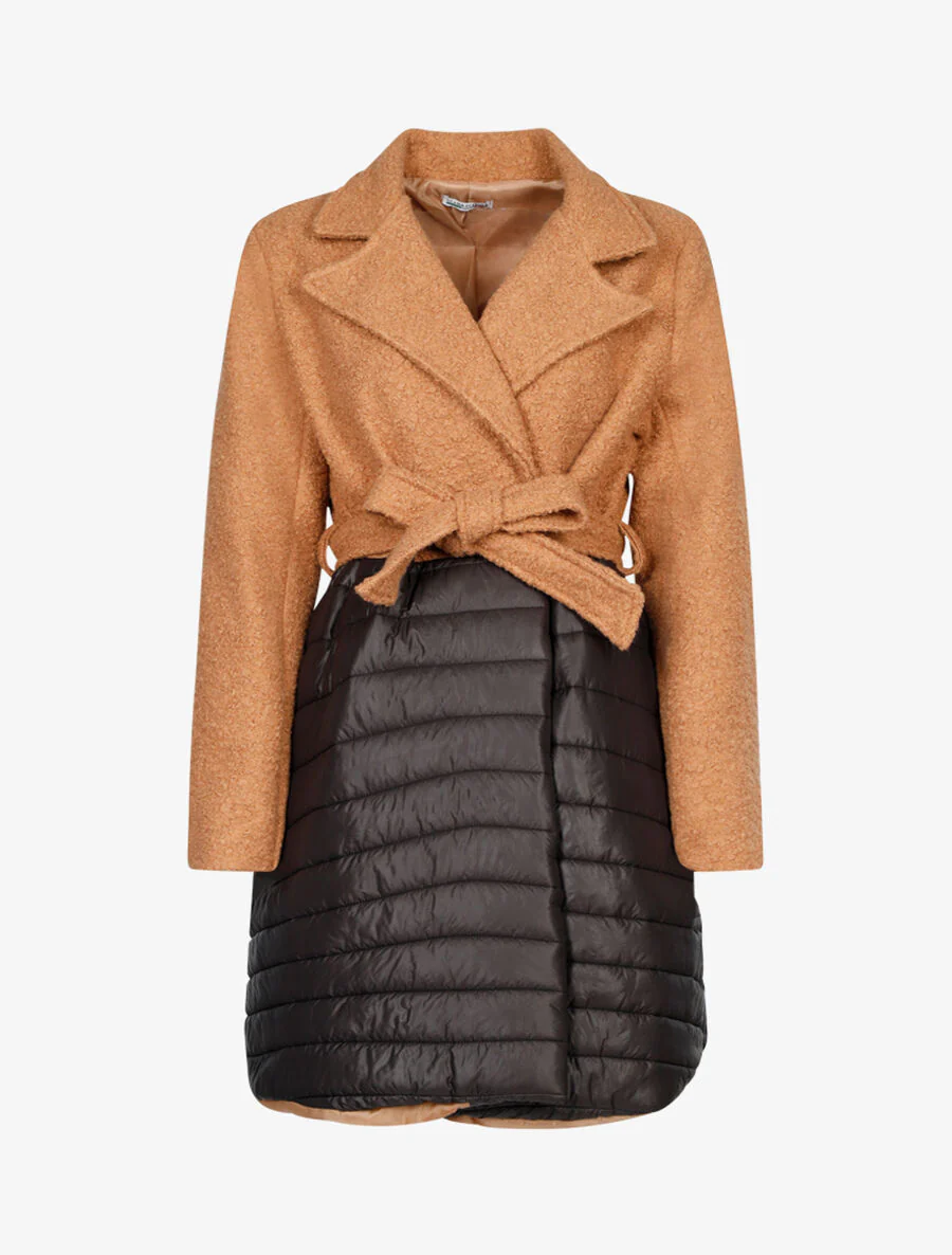 Oversized jas van bouclé wol en donsjas. - Kameel/zwart