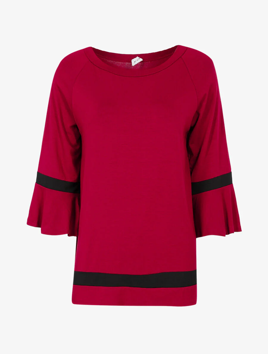 Oversized lange top met ruches mouwen - Wijnrood/zwart