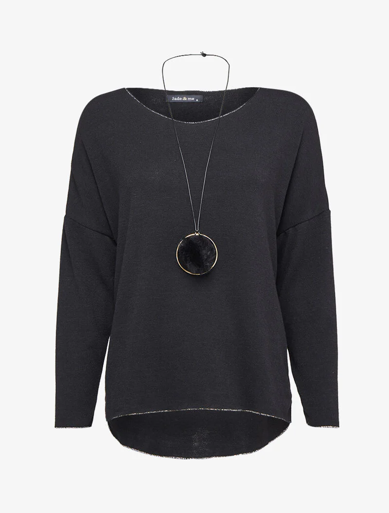 Oversized trui met iriserende biezen met ketting - Zwart