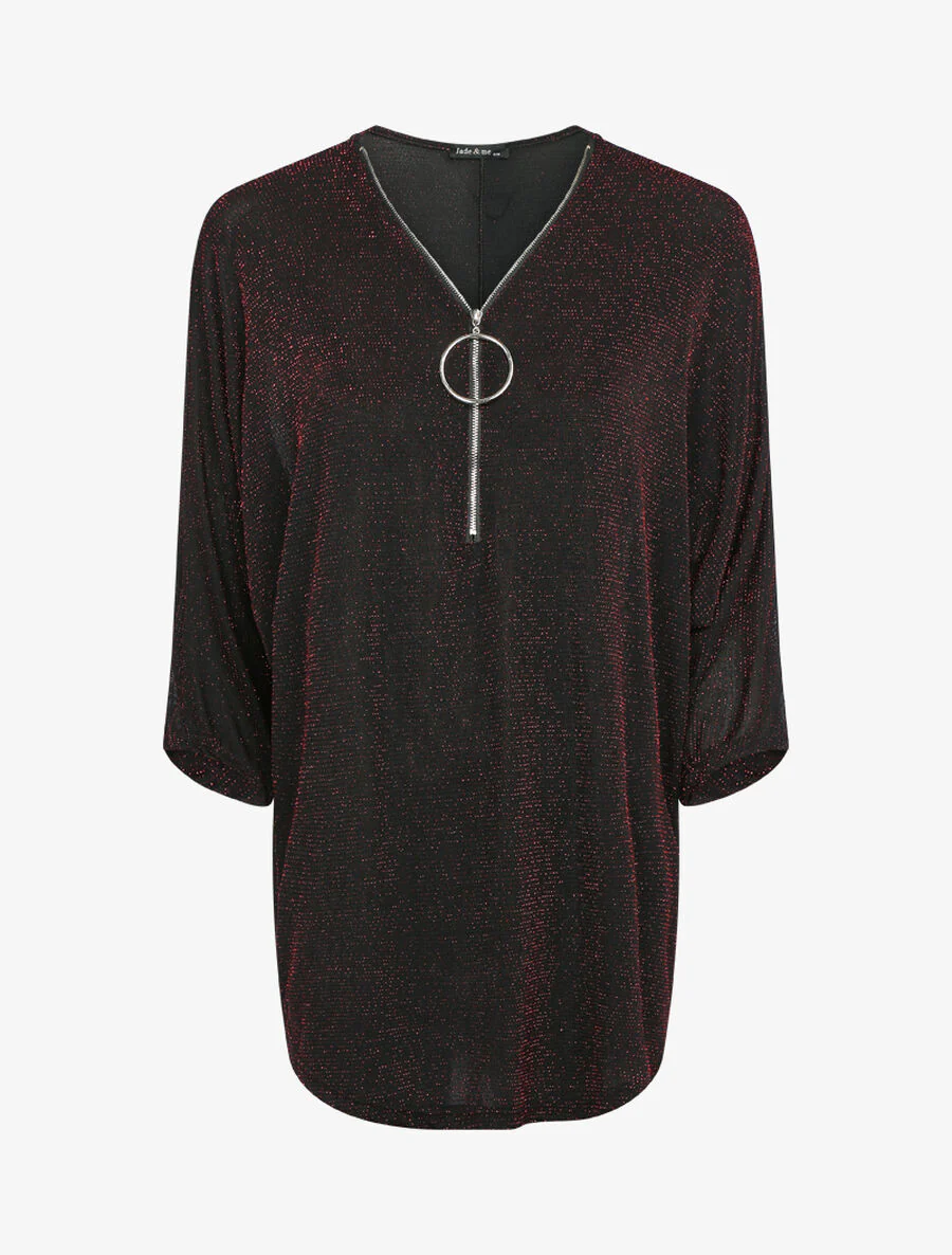 Pailletten dolman top met ritssluiting bij de hals - Rood