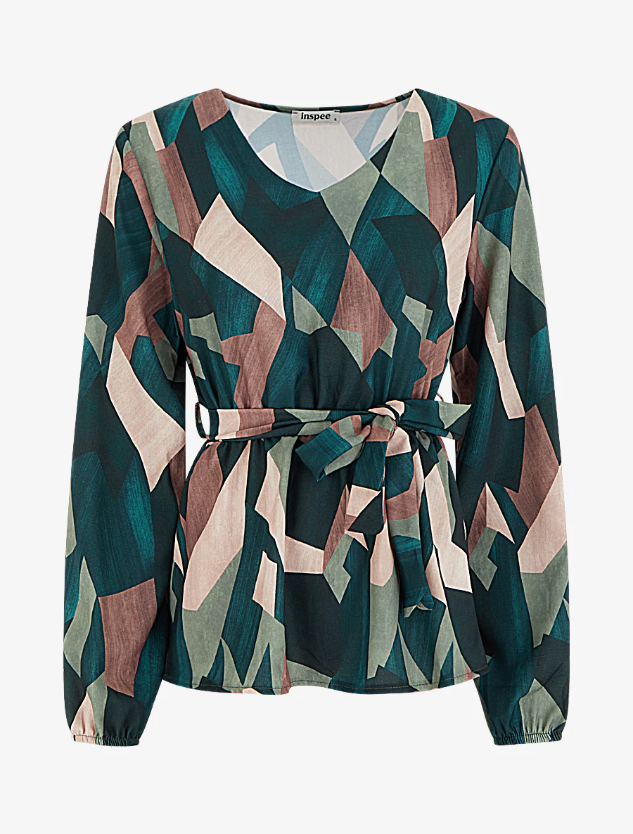 Peplumblouse met abstracte print - Dennengroen