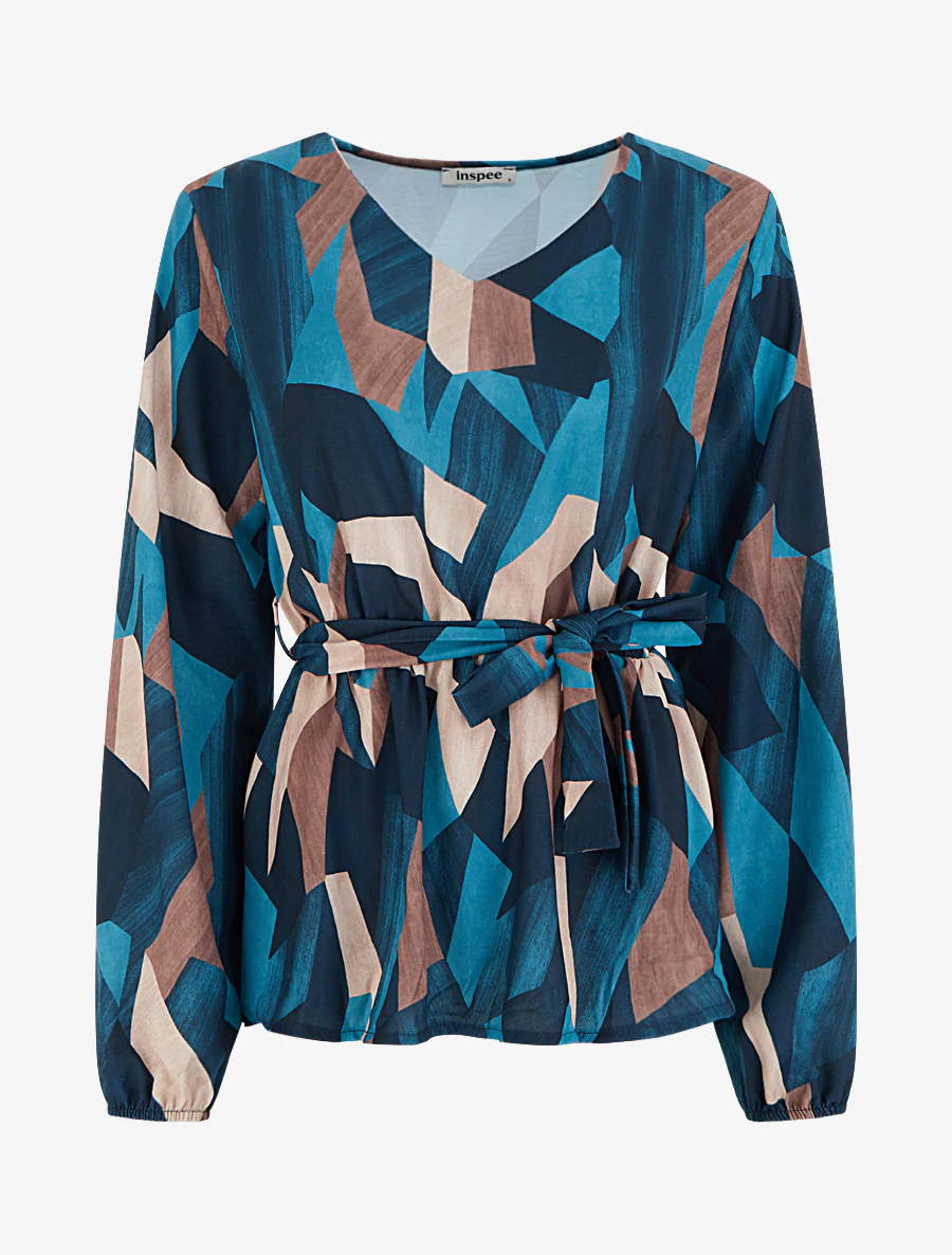 Peplumblouse met abstracte print - Eendenblauw