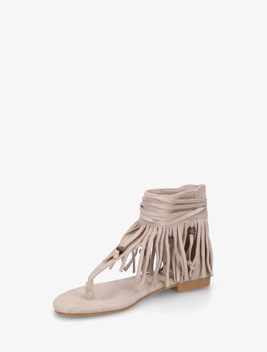 Platte sandalen met franjes van suèdine. - Beige - Image 3