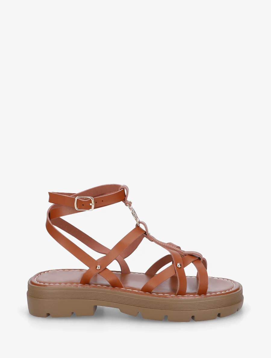 Platte sandalen met gekruiste bandjes - Kameel