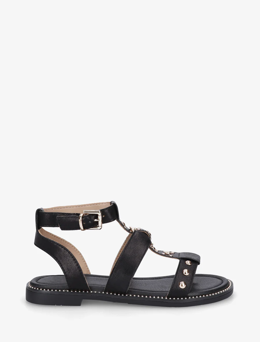 Platte sandalen met studs in imitatieleer. - Zwart