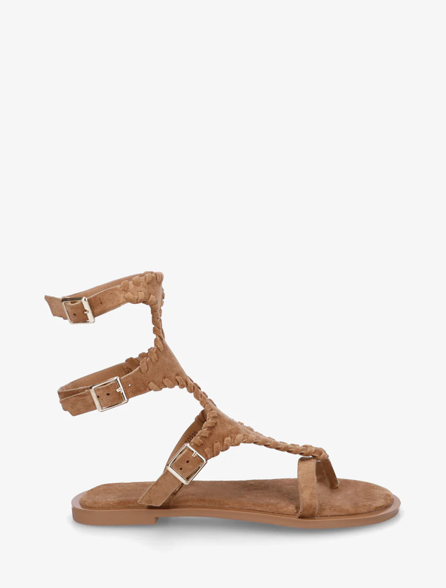 Platte sandalen met teenstuk en hoge schacht - Kameel