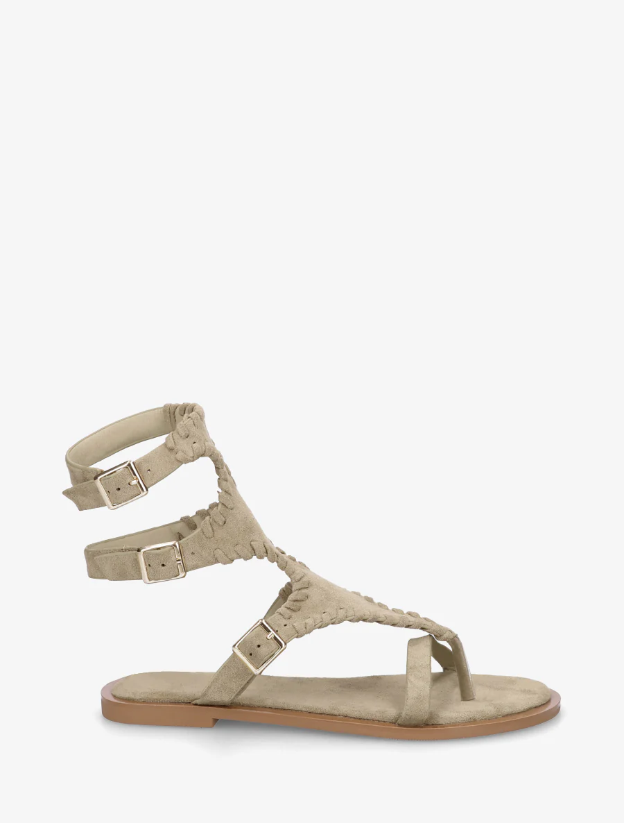 Platte sandalen met teenstuk en hoge schacht - Kaki