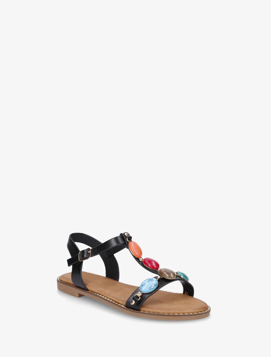 Platte sandalen van imitatieleer met harsstenen - Zwart - Image 2