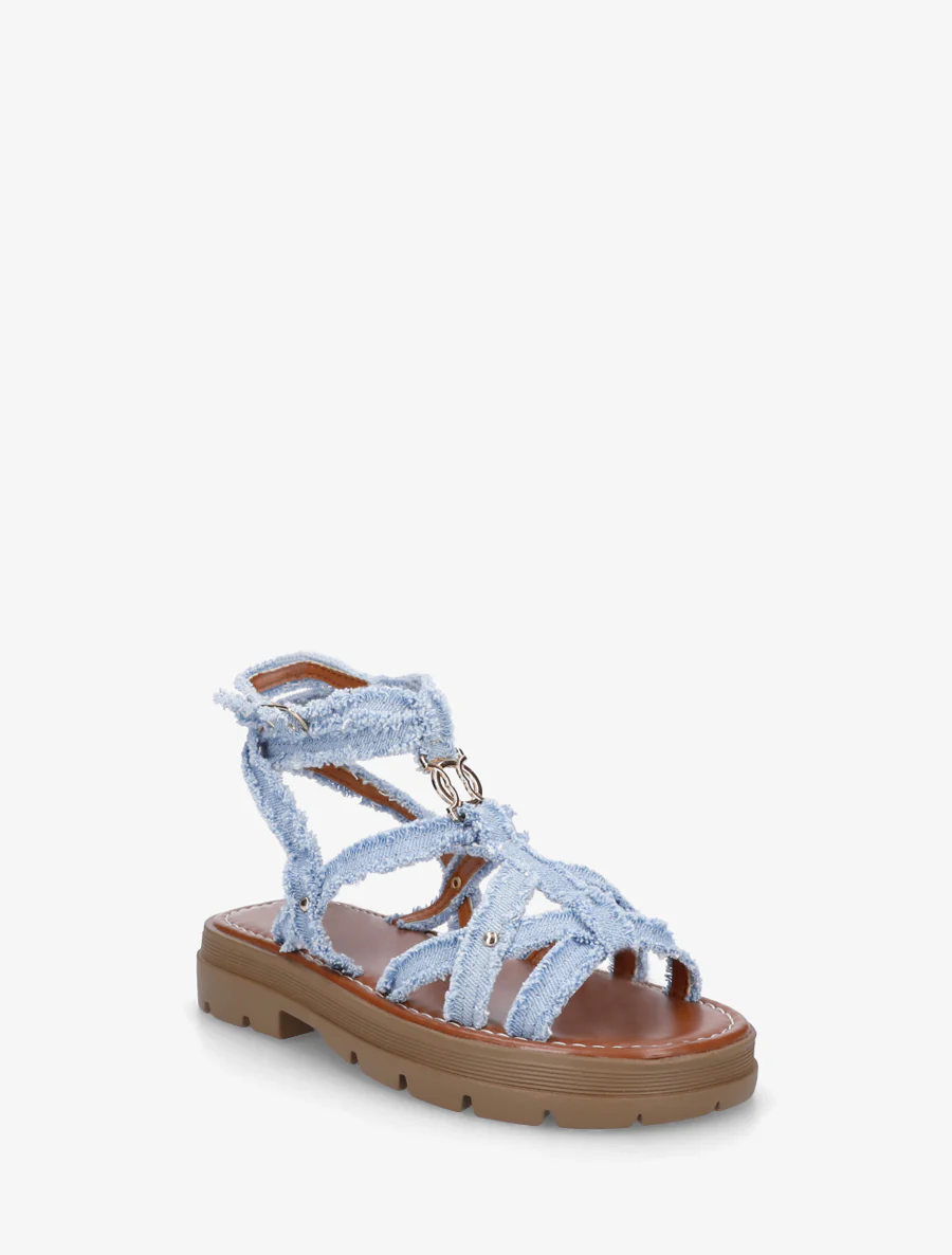 Platte sandalen van stof met gekruiste bandjes - Blauwe denim - Image 2