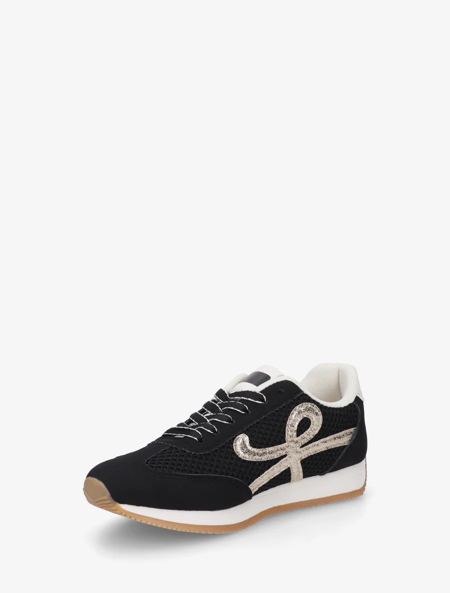 Platte sneakers met inzetstukken van canvas. - Zwart - Image 3