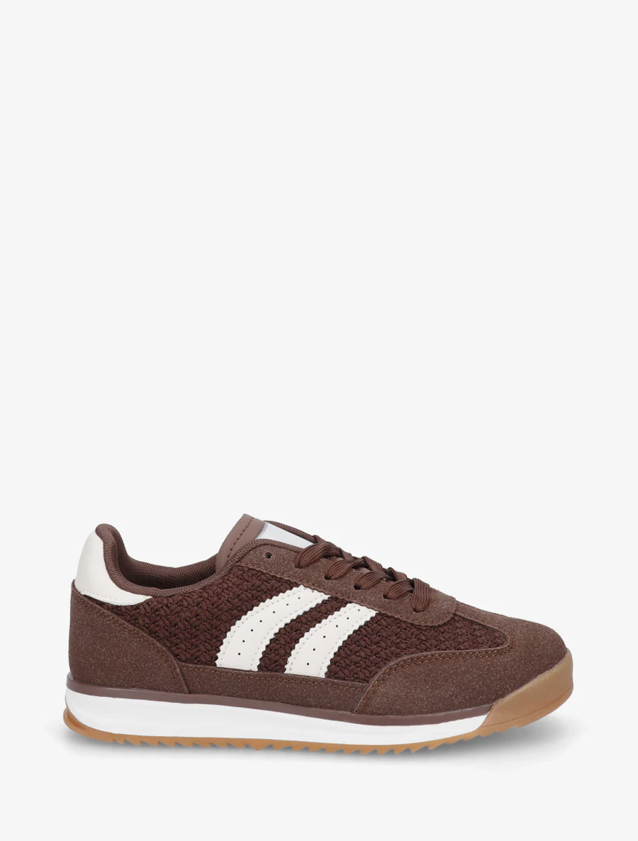Platte sneakers met strepen en contrasterende hielkap. - Bruin