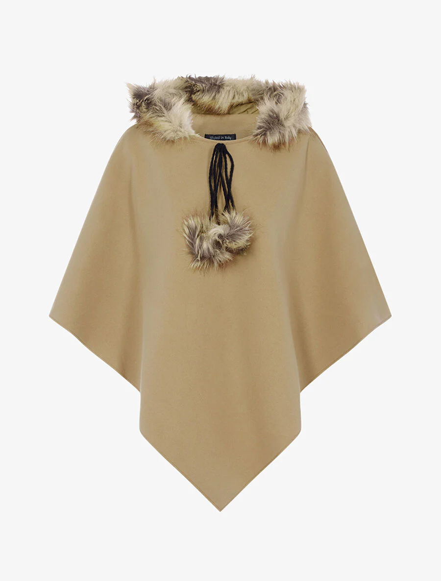 Poncho van vilt met capuchon van imitatiebont - Beige