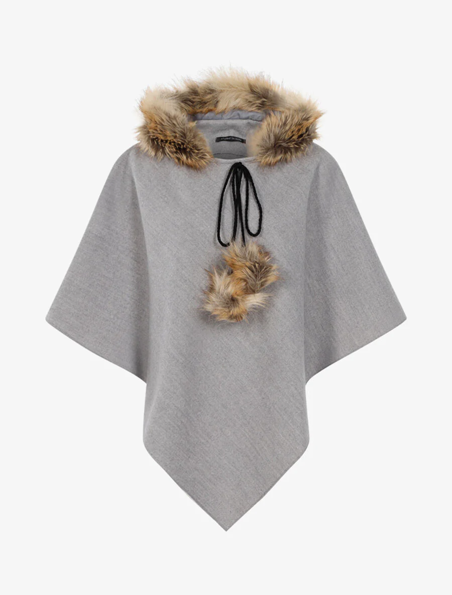 Poncho van vilt met capuchon van imitatiebont - Gemêleerd grijs