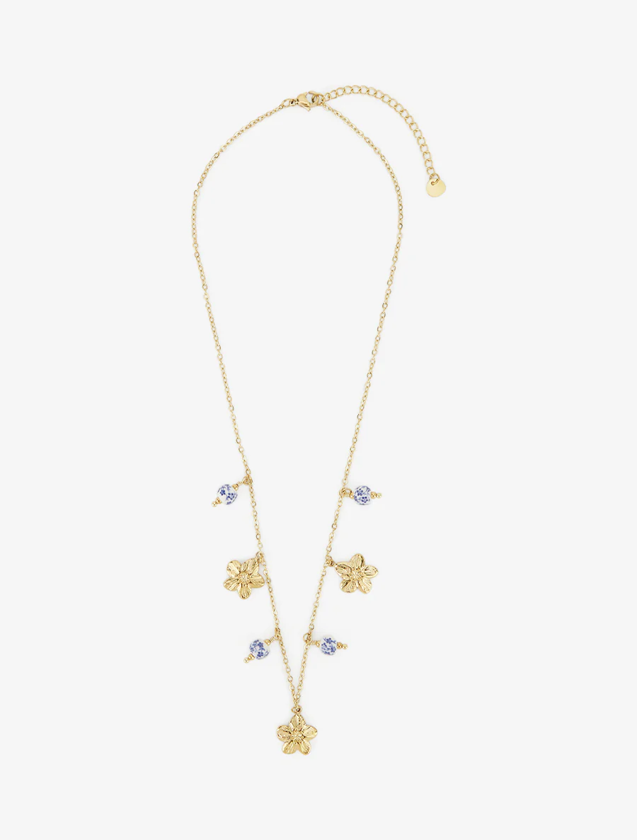 Porseleinen bloemen bedelketting - Goud/blauw - Image 2