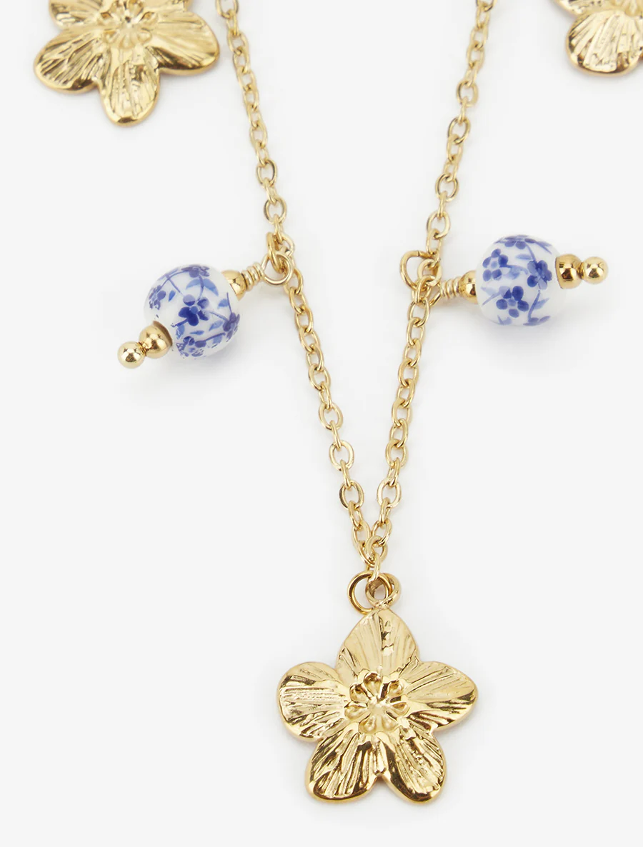 Porseleinen bloemen bedelketting - Goud/blauw - Image 3