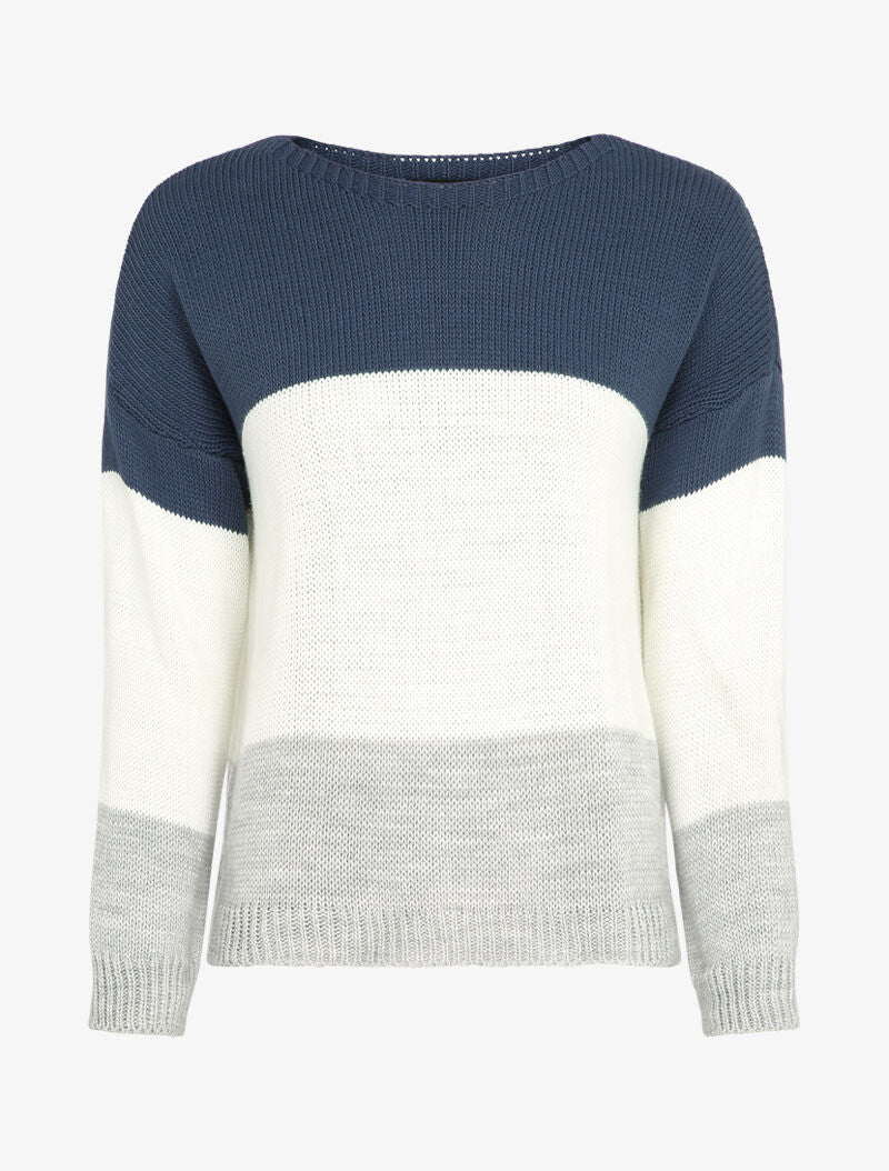 Basis driekleurige trui met boothals - Blauw/wit/grijs