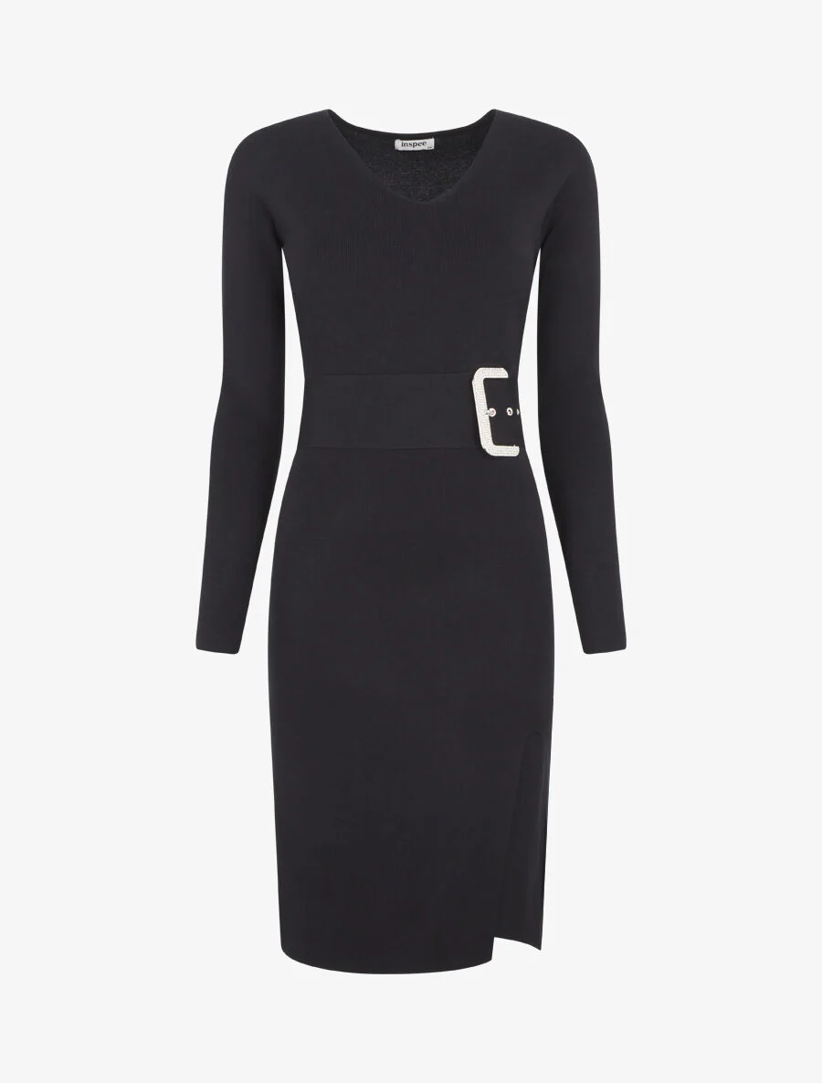 R Trui jurk met trompe-l'oeil strass riem - zwart