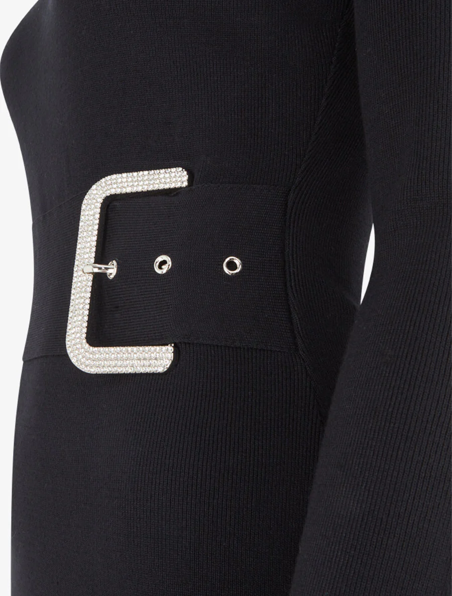 R Trui jurk met trompe-l'oeil strass riem - zwart - Image 3