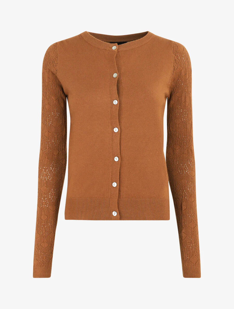 Recht gilet met fantasie tricot mouwen - Kameel