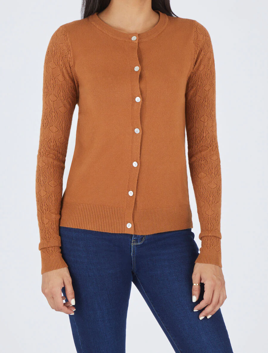 Recht gilet met fantasie tricot mouwen - Kameel - Image 4