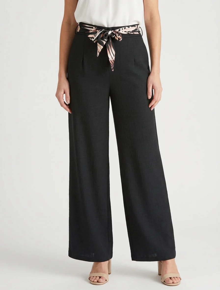 Rechte broek met linnen effect en ceintuur - Zwart - Image 4