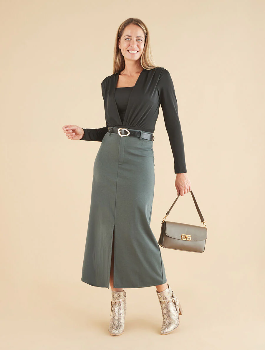 Rechte effen rok met split - Khaki - Image 4