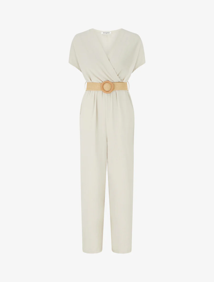 Rechte jumpsuit met korte mouwen - Beige