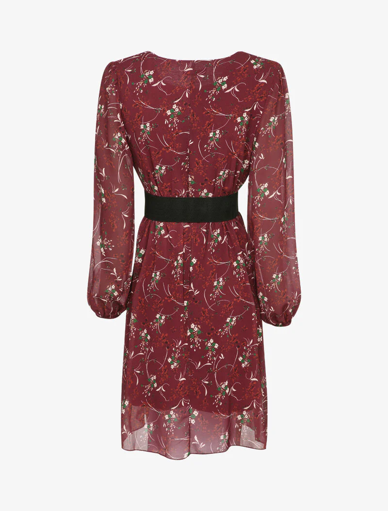 Rechte jurk met kleine bloemenprint en ronde hals - Bordeaux - Image 2
