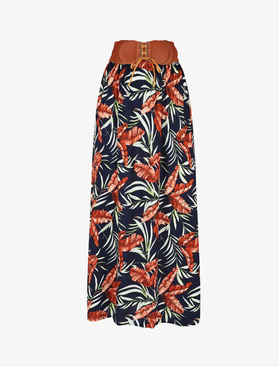 Rok met print. hoge taille en gestileerde ceintuur - Marineblauw