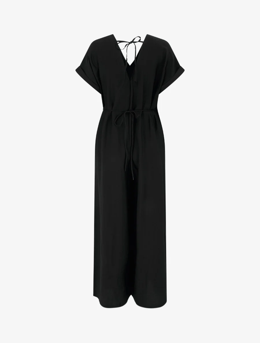 Ruime jumpsuit met korte mouwen en een met parels versierde riem - Zwart - Image 2