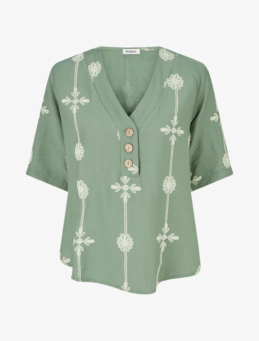 Ruimvallend top met korte mouwen en bloemenprint - Kaki