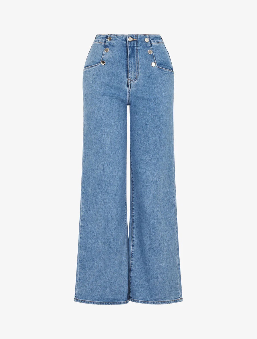 Ruimvallende jeans met hoge taille en knopen - blauw