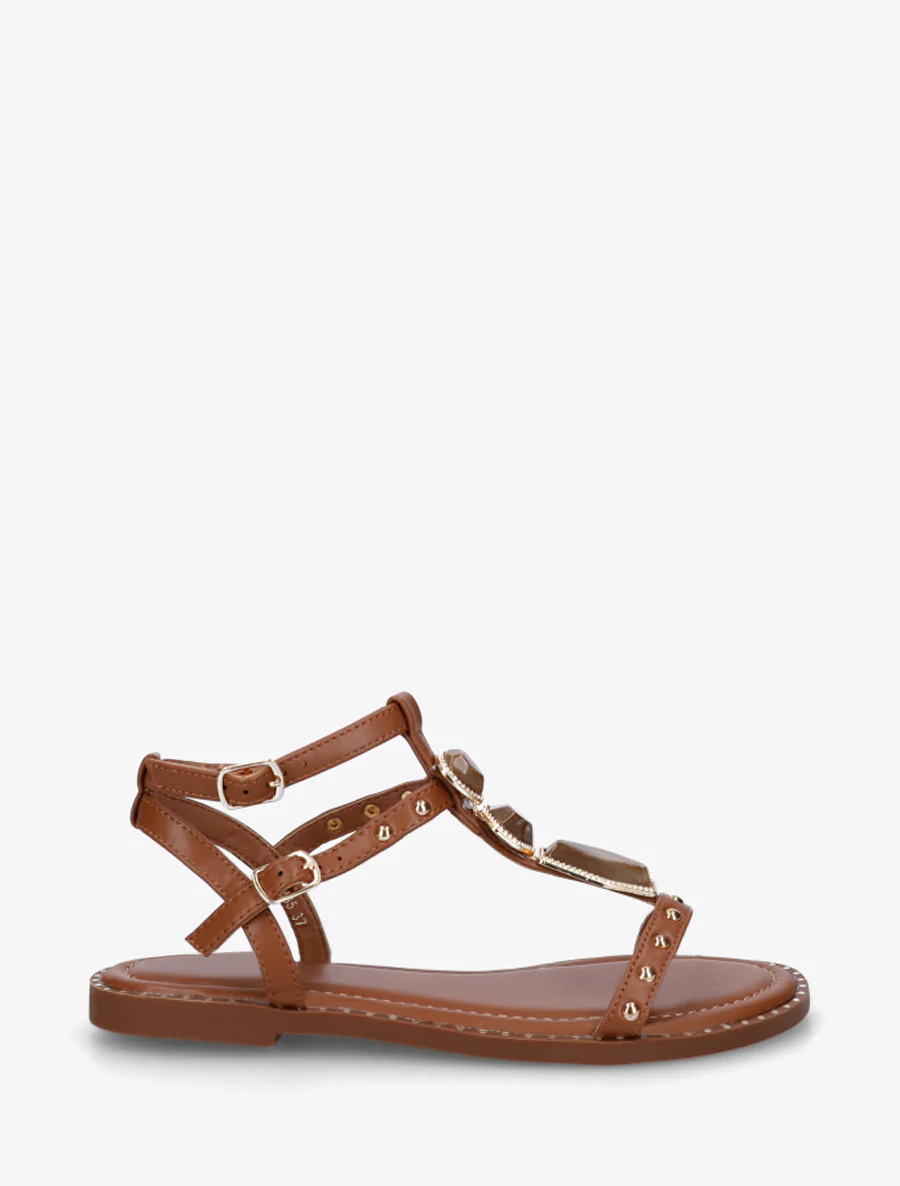 Sandalen van imitatieleer met stenen inzetstukken - Kameel