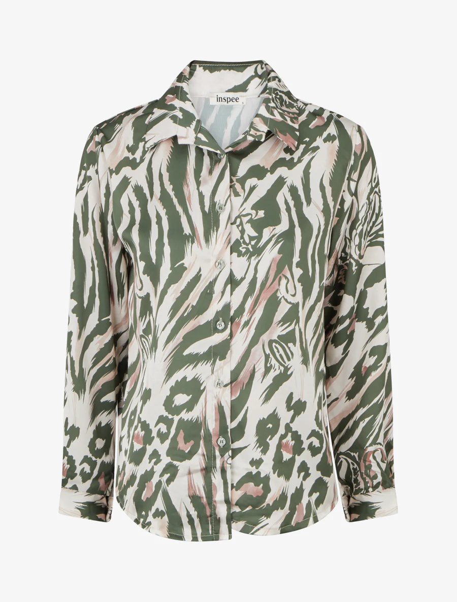 Satijnen blouse met dierenprint - Kaki