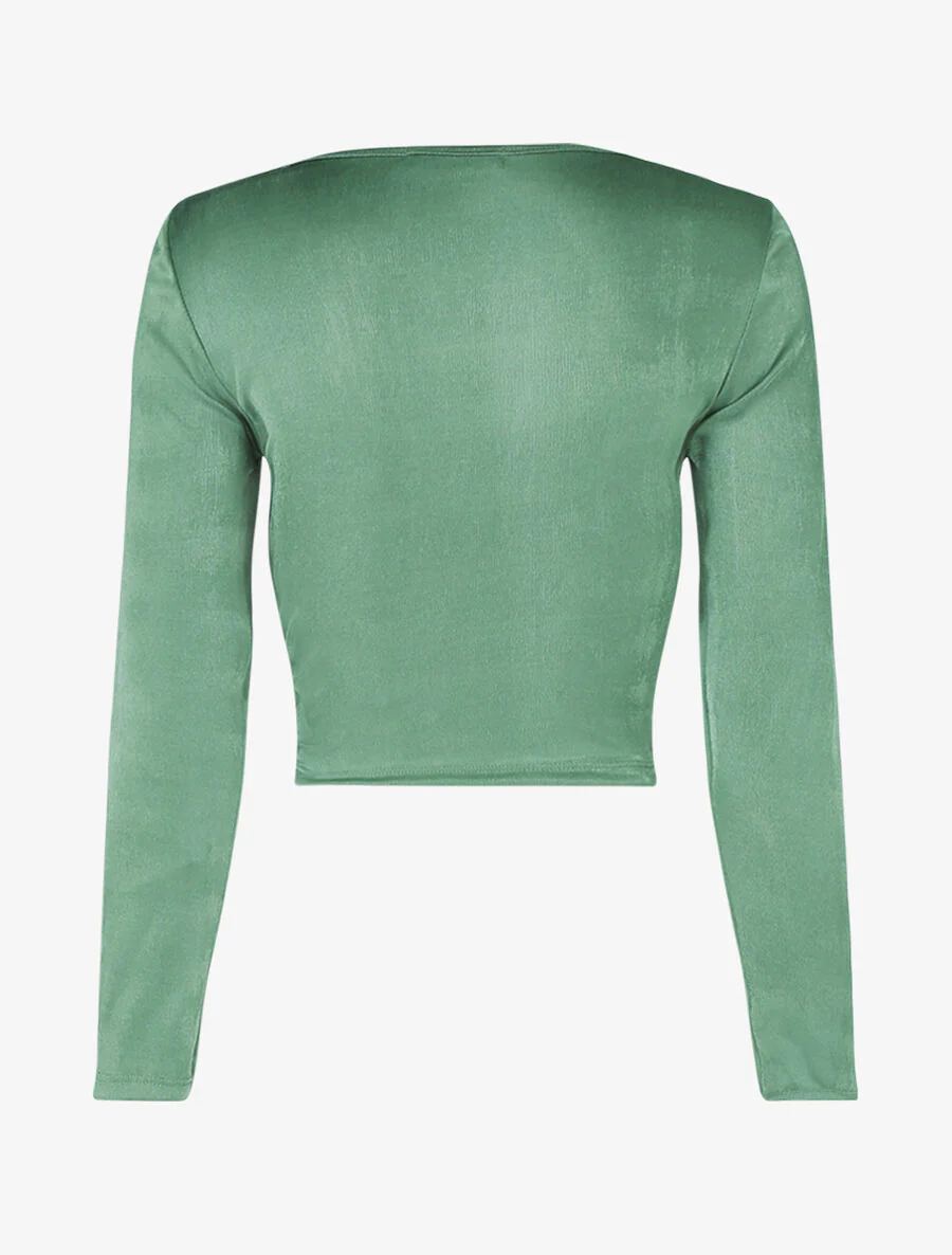 Satijnen crop top met trekkoord - Groen - Image 2