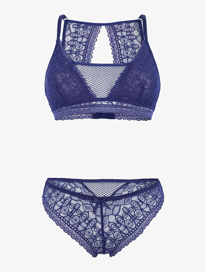 Set van grafische kanten bralette - blauw/paars - blauw paars